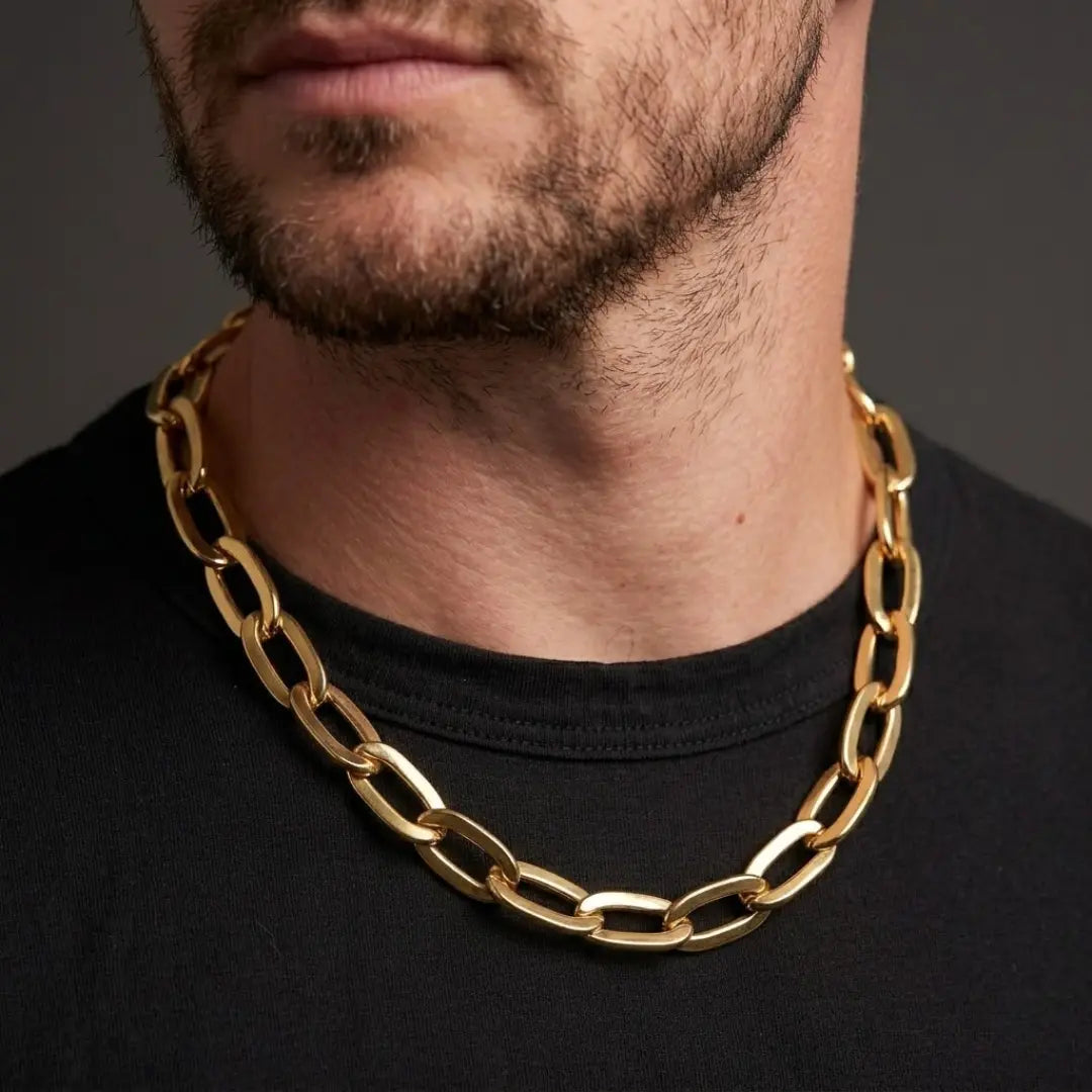 18K Gold Filled Large Oval Link Chain Necklace – Chunky Flat-Bevel Paperclip Cable Chain for Women & Men